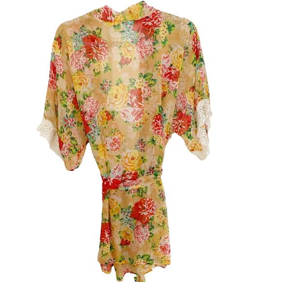 Angela Tomiye Hawaiian Floral Short Sheer Kimono Robe Coverup One Size - Picture 3 of 5